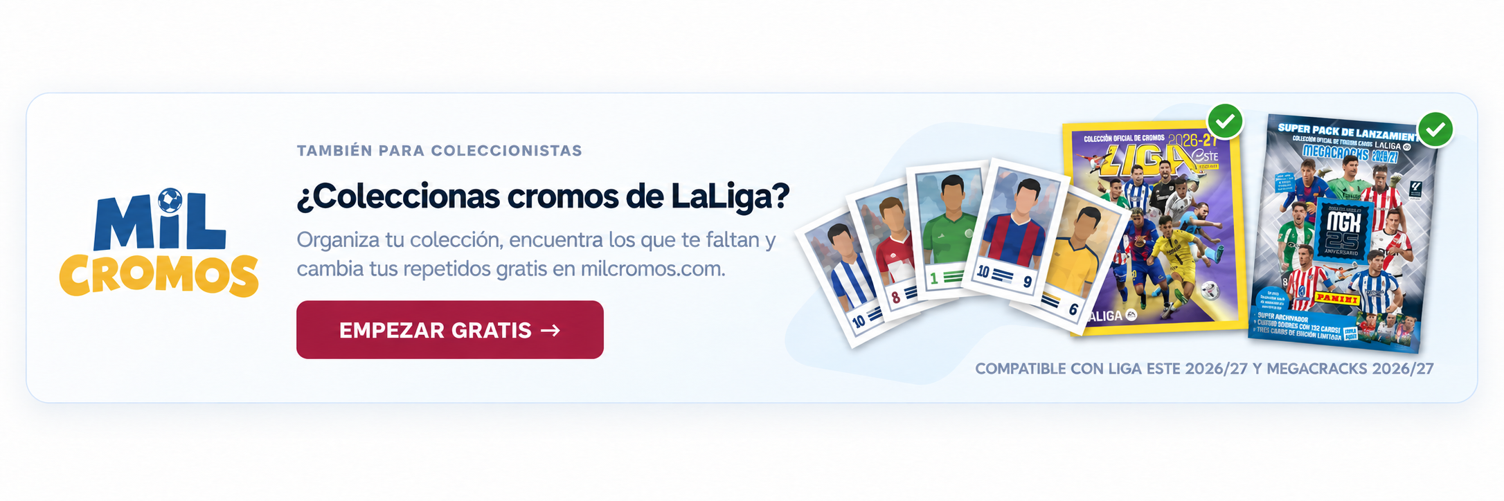 MilCromos: ¿Coleccionas cromos de LaLiga? Organiza tu colección, encuentra los que te faltan y cambia tus repetidos gratis en milcromos.com.